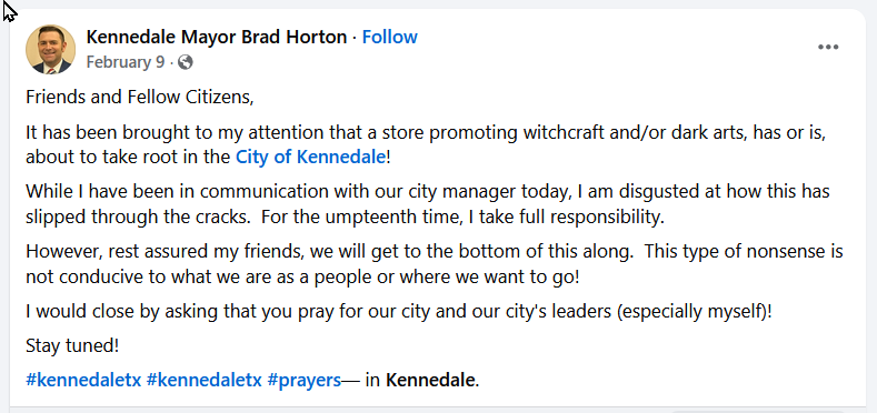 Mayor of Kennedale Brad Horton post