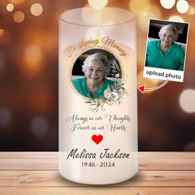 Custom memorial candle with your loved one’s photo and name. A heartfelt tribute to honor and remember those we’ve lost with light and love.