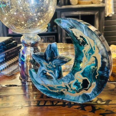 Trashmagick Custom Resin Moon Shelves — handmade moon & star altar décor. Unique resin designs with glitter, shimmer, galaxy swirls, and custom colors.